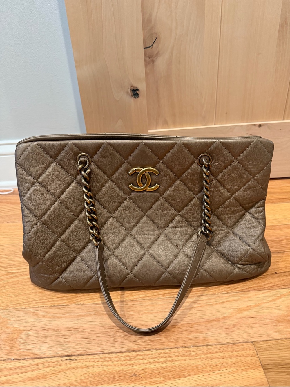 CHANEL Quilted Shoulder Tote in Taupe with Gold Hardware